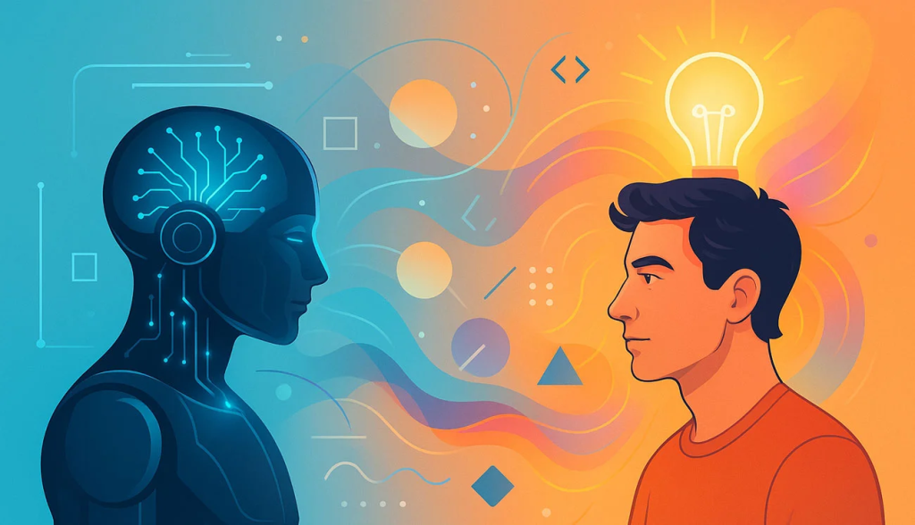 A visual representation of human creativity partnering with AI power to answer Can digital marketing be replaced by AI?